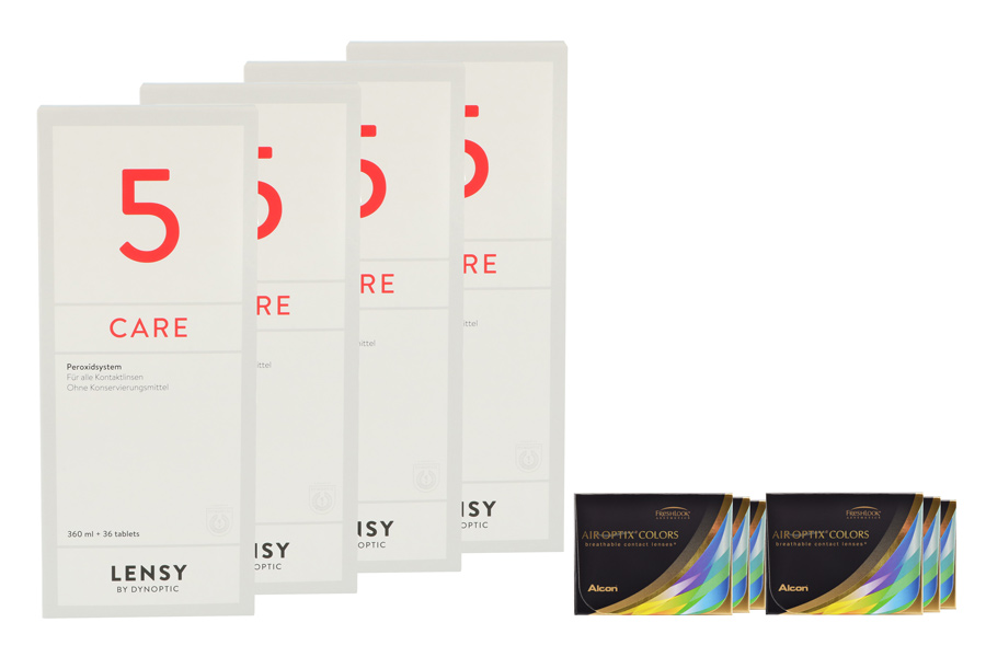 Air Optix Colors 6 x 2 farbige Monatslinsen + Lensy Care 5 Halbjahres-Sparpaket