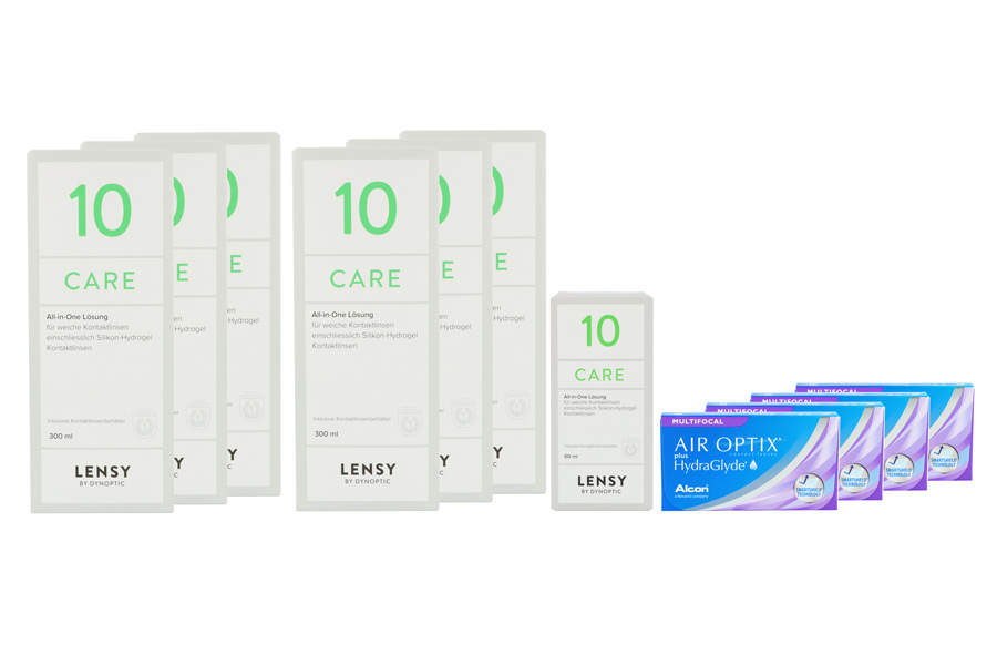 Air Optix plus HydraGlyde Multifocal 4 x 6 Monatslinsen + Lensy Care 10 Jahres-Sparpaket