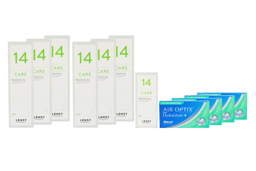 Air Optix plus HydraGlyde for Astigmatism 4 x 6 Monatlinsen + Lensy Care 14 Jahres-Sparpaket