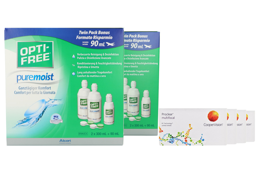 Proclear Multifocal 4 x 6 Monatslinsen + Opti Free Pure Moist Jahres-Sparpaket