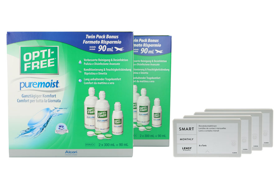 Lensy Monthly Smart Toric 4 x 6 Monatslinsen + Opti Free Pure Moist Jahres-Sparpaket