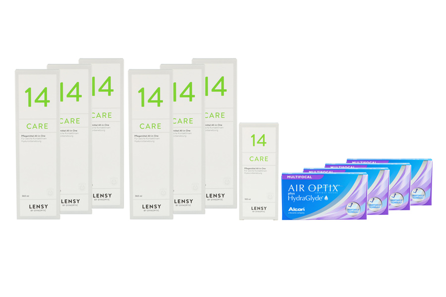 Air Optix plus HydraGlyde Multifocal 4 x 6 Monatslinsen + Lensy Care 14 Jahres-Sparpaket