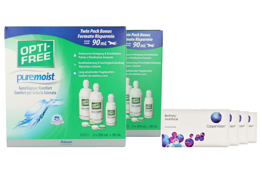 Biofinity multifocal 4 x 6 Monatslinsen + Opti Free Pure Moist Jahres-Sparpaket
