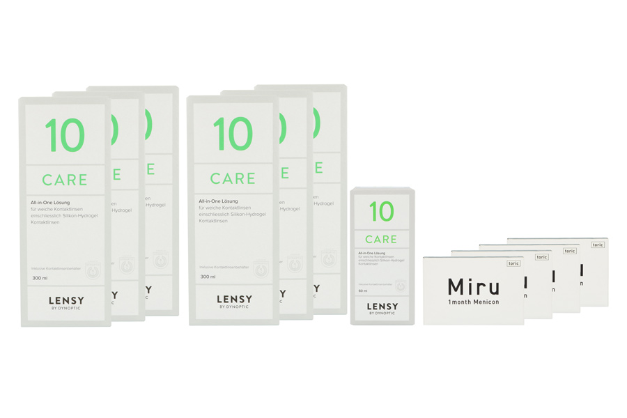 Sparpakete Kontaktlinsen mit Linsenmitteln Miru 1 Month Toric 4 x 6 Monatslinsen + Lensy Care 10 Jahres-Sparpaket