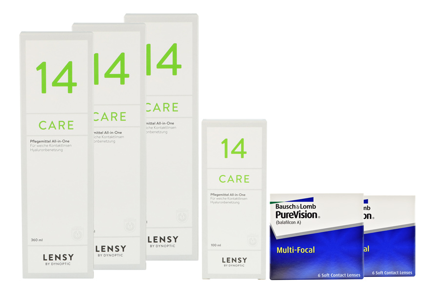 Sparpakete Kontaktlinsen mit Linsenmitteln Pure Vision Multifocal 2 x 6 Monatslinsen + Lensy Care 14 Halbjahres-Sparpaket