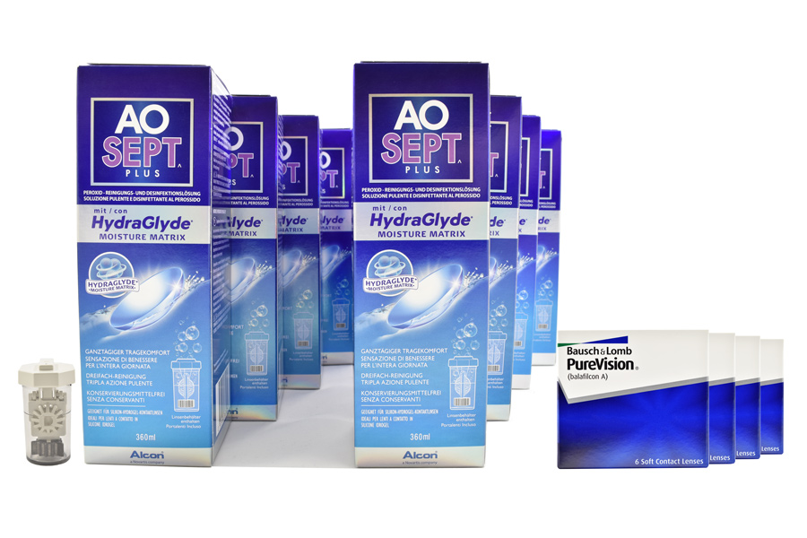 Sparpakete Kontaktlinsen mit Linsenmitteln Pure Vision 4 x 6 Monatslinsen + AoSept Plus HydraGlyde Jahres-Sparpaket
