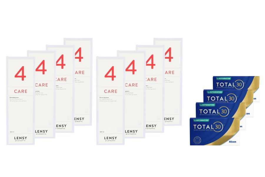 Sparpakete Kontaktlinsen mit Linsenmitteln Total 30 for Astigmatism 4 x 6 Stück Monatslinsen + Lensy Care 4 Jahres-Sparpaket