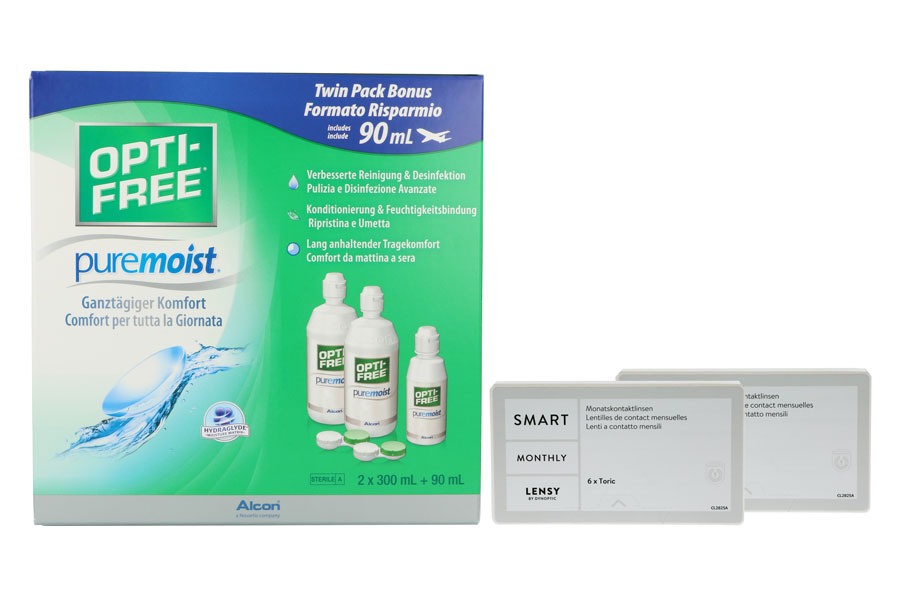 Sparpakete Kontaktlinsen mit Linsenmitteln Lensy Monthly Smart Toric 2 x 6 Monatslinsen + Opti Free Pure Moist Halbjahres-Sparpaket