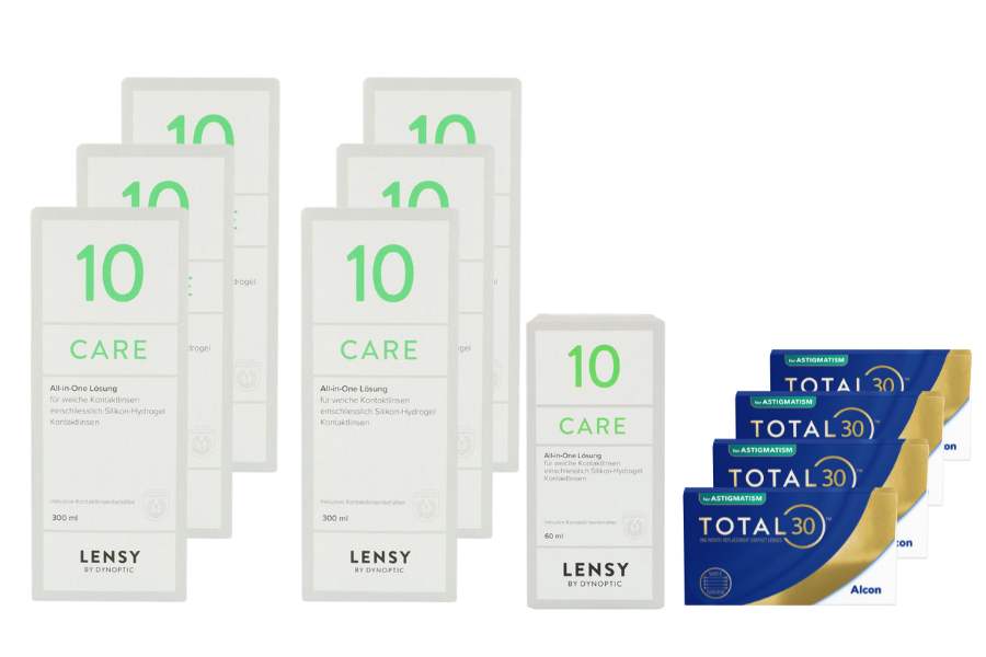 Sparpakete Kontaktlinsen mit Linsenmitteln Total 30 for Astigmatism 4 x 6 Stück Monatslinsen + Lensy Care 10