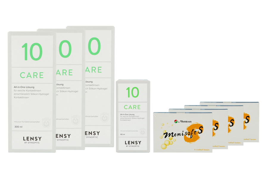Sparpakete Kontaktlinsen mit Linsenmitteln Menisoft S 4 x 6 Zwei-Wochenlinsen + Lensy Care 10 Halbjahres-Sparpaket