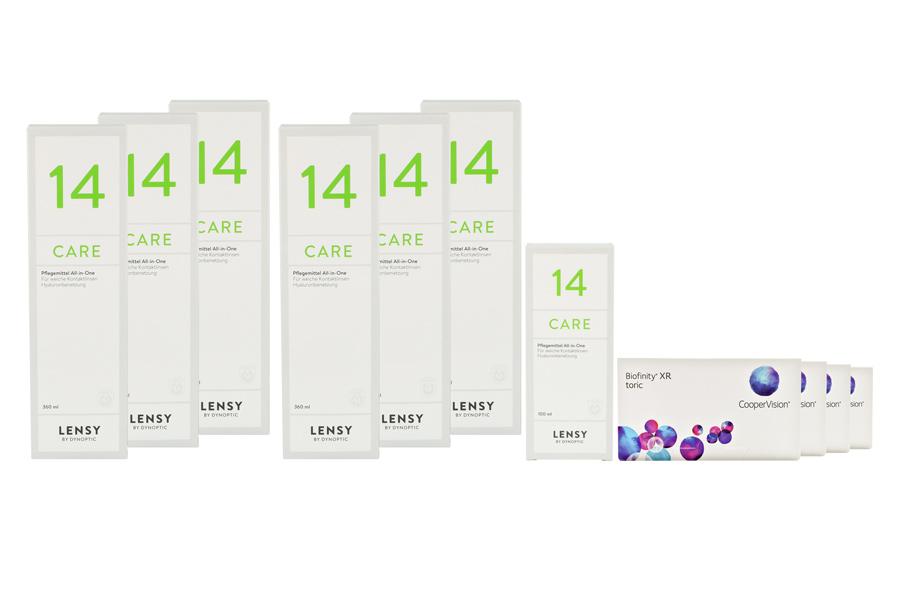 Sparpakete Kontaktlinsen mit Linsenmitteln Biofinity toric XR 4 x 6 Montslinsen + Lensy Care 14 Jahres-Sparpaket