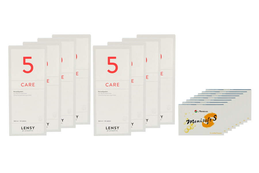 Sparpakete Kontaktlinsen mit Linsenmitteln Menisoft S 8 x 6 Zwei-Wochenlinsen + Lensy Care 5 Jahres-Sparpaket