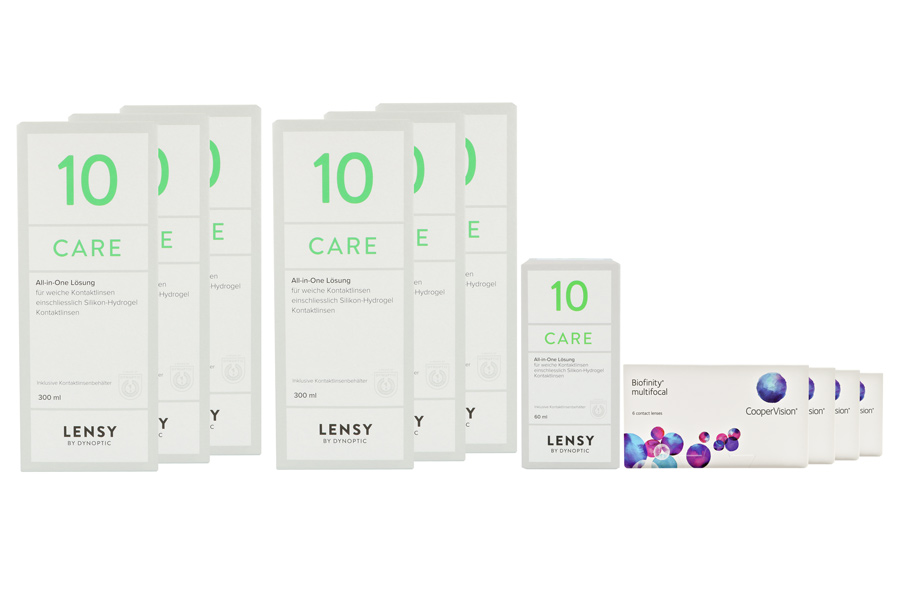 Sparpakete Kontaktlinsen mit Linsenmitteln Biofinity multifocal 4 x 6 Monatslinsen + Lensy Care 10 Jahres-Sparpaket