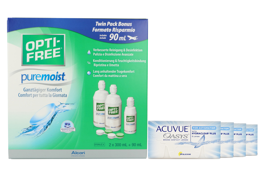 Sparpakete Kontaktlinsen mit Linsenmitteln Acuvue Oasys for Astigmatism 4 x 6 Zwei-Wochenlinsen + Opti Free Pure Moist Halbjahres-Sparpaket