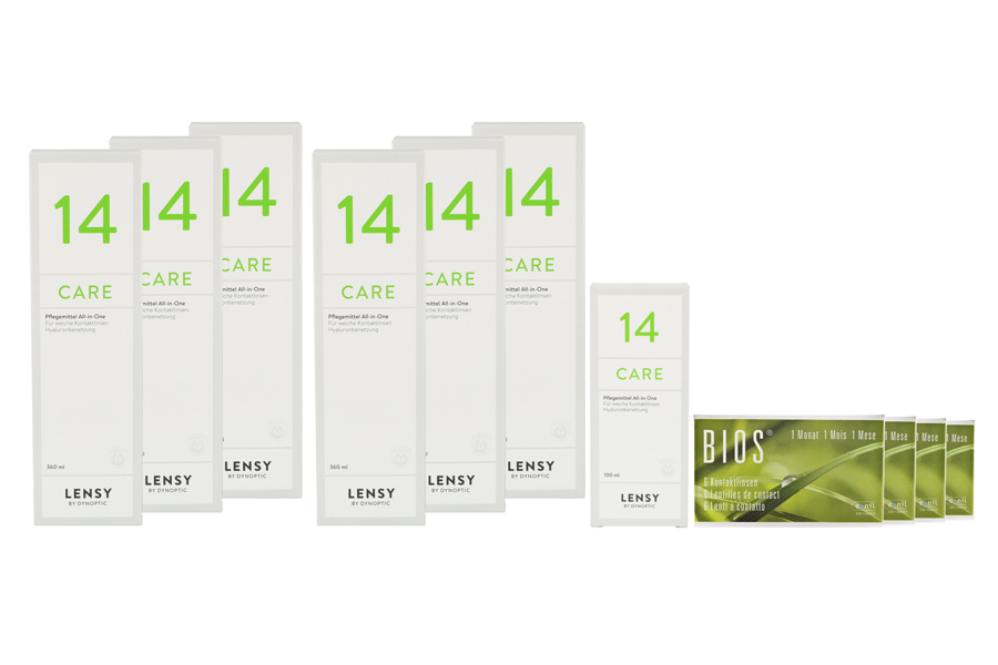 Sparpakete Kontaktlinsen mit Linsenmitteln Bios 1-Monat 4 x 6 Monatslinsen + Lensy Care 14 Jahres-Sparpaket