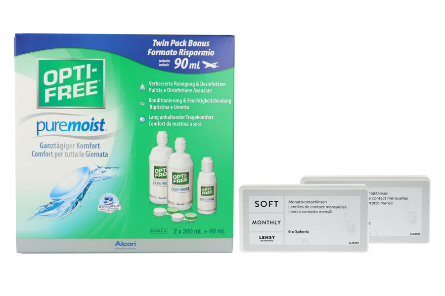 Sparpakete Kontaktlinsen mit Linsenmitteln Lensy Monthly Soft Spheric 2 x 6 Monatslinsen + Opti Free Pure Moist Halbjahres-Sparpaket