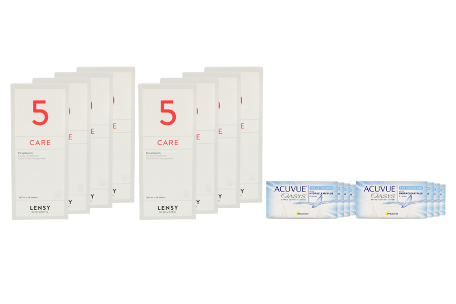 Sparpakete Kontaktlinsen mit Linsenmitteln Acuvue Oasys for Astigmatism 8 x 6 Zwei-Wochenlinsen + Lensy Care 5 Jahres-Sparpaket