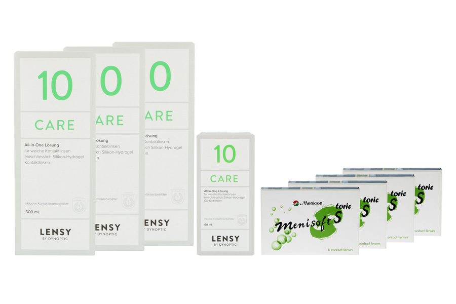 Sparpakete Kontaktlinsen mit Linsenmitteln Menisoft S toric 4 x 6 Zwei-Wochenlinsen + Lensy Care 10 Halbjahres-Sparpaket