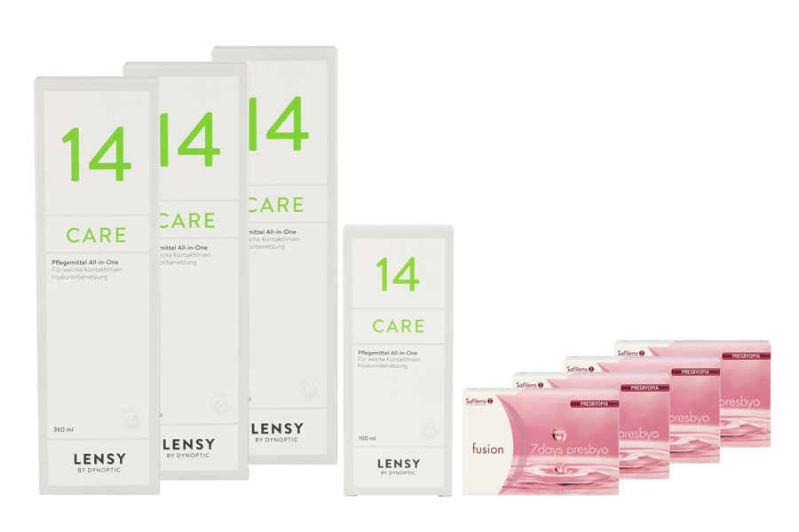 Sparpakete Kontaktlinsen mit Linsenmitteln Fusion 7 Days presbyo 4 x 12 Wochenlinsen + Lensy Care 14 Halbjahres-Sparpaket