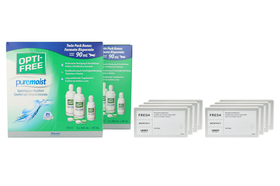 Sparpakete Kontaktlinsen mit Linsenmitteln Lensy Monthly Fresh Toric 8 x 3 Monatslinsen + Opti Free Pure Moist Jahres-Sparpaket