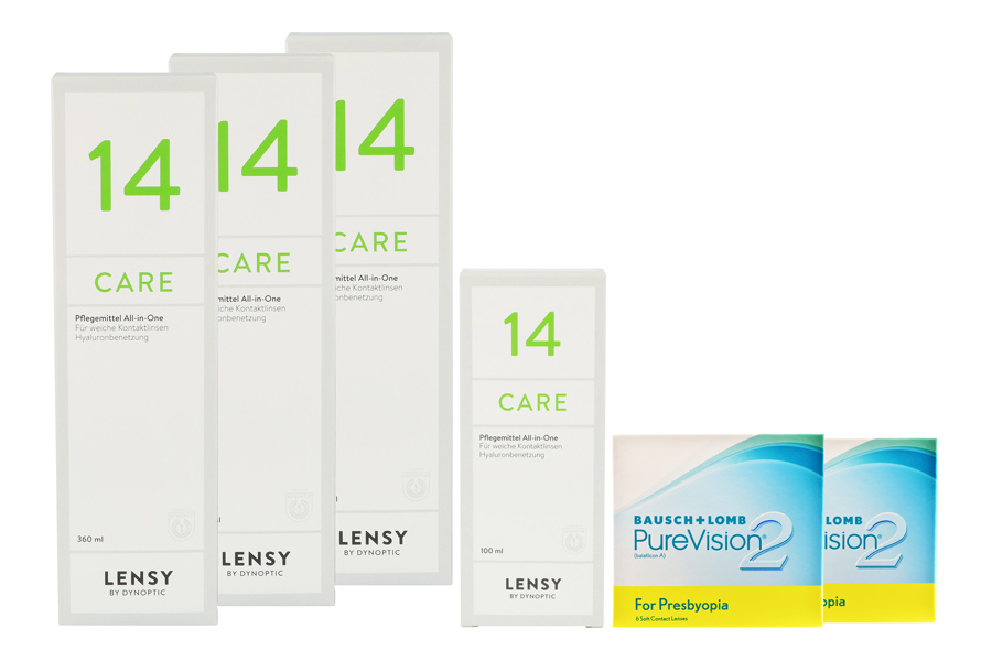 Sparpakete Kontaktlinsen mit Linsenmitteln Pure Vision 2 HD For Presbyopia 2 x 6 Monatslinsen + Lensy Care 14 Halbjahres-Sparpaket