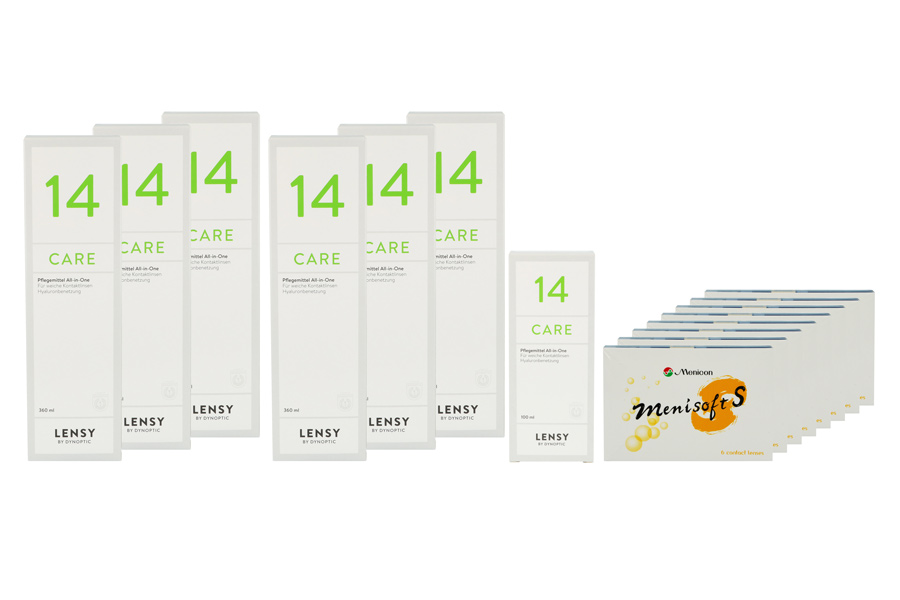 Sparpakete Kontaktlinsen mit Linsenmitteln Menisoft S 8 x 6 Zwei-Wochenlinsen + Lensy Care 14 Jahres-Sparpaket