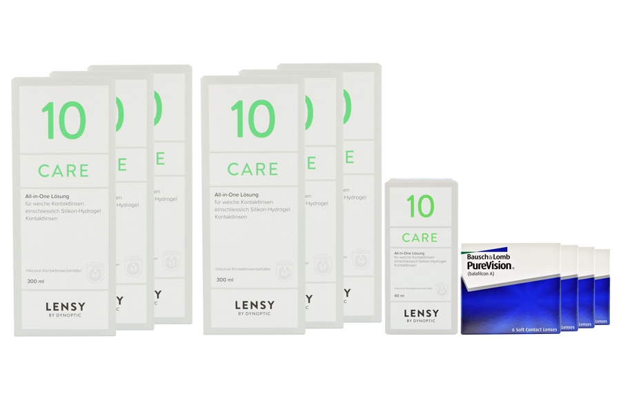 Sparpakete Kontaktlinsen mit Linsenmitteln Pure Vision 4 x 6 Monatslinsen + Lensy Care 10 Jahres-Sparpaket