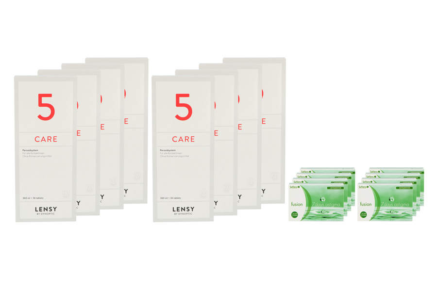 Sparpakete Kontaktlinsen mit Linsenmitteln Fusion 7 Days Astigma 8 x 12 Wochenlinsen + Lensy Care 5 Jahres-Sparpaket
