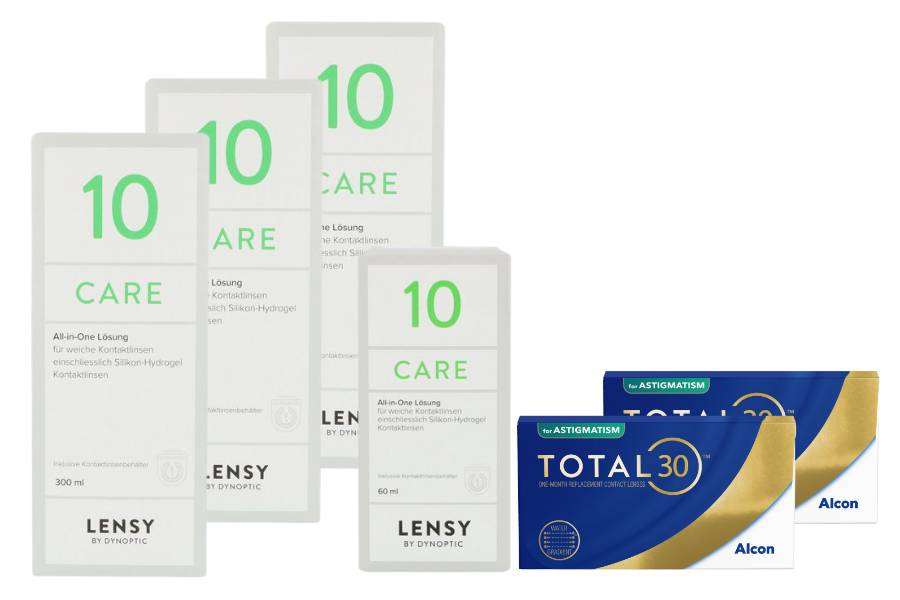 Sparpakete Kontaktlinsen mit Linsenmitteln Total 30 for Astigmatism 2 x 6 Stück Monatslinsen + Lensy Care 10