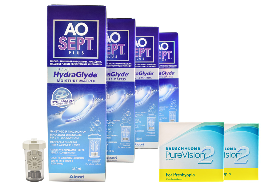 Sparpakete Kontaktlinsen mit Linsenmitteln Pure Vision 2 HD For Presbyopia 2 x 6 Monatslinsen + AoSept Plus HydraGlyde Halbjahres-Sparpaket