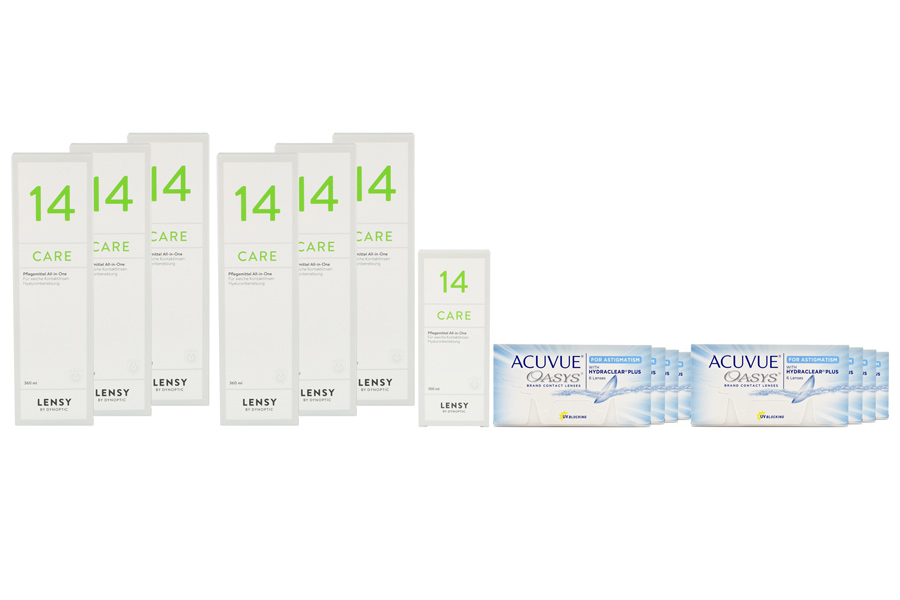 Sparpakete Kontaktlinsen mit Linsenmitteln Acuvue Oasys for Astigmatism 8 x 6 Zwei-Wochenlinsen + Lensy Care 14 Jahres-Sparpaket