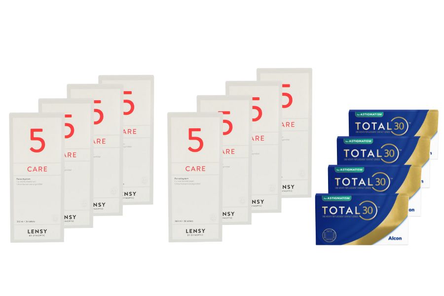 Sparpakete Kontaktlinsen mit Linsenmitteln Total 30 for Astigmatism 4 x 6 Stück Monatslinsen + Lensy Care 5 Jahres-Sparpaket