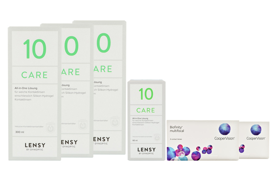 Sparpakete Kontaktlinsen mit Linsenmitteln Biofinity multifocal 2 x 6 Monatslinsen + Lensy Care 10 Halbjahres-Sparpaket