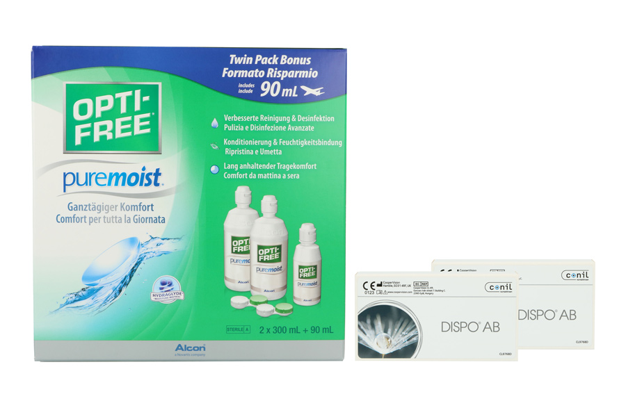 Sparpakete Kontaktlinsen mit Linsenmitteln Dispo AB 2 x 6 Monatslinsen + Opti Free Pure Moist Halbjahres-Sparpaket
