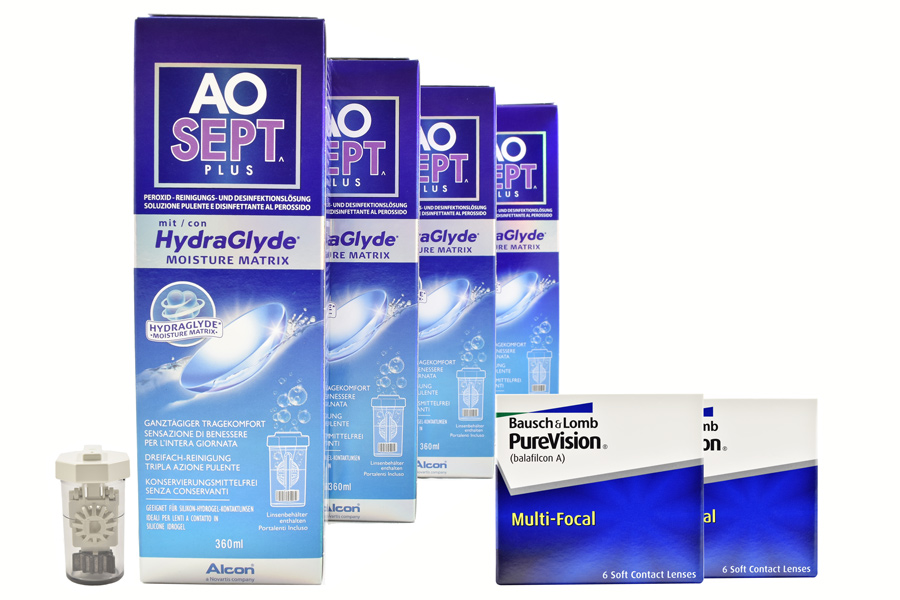 Sparpakete Kontaktlinsen mit Linsenmitteln Pure Vision Multifocal 2 x 6 Monatslinsen + AoSept Plus HydraGlyde Halbjahres-Sparpaket