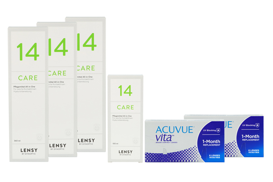 Sparpakete Kontaktlinsen mit Linsenmitteln Acuvue Vita 2 x 6 Monatslinsen + Lensy Care 14 Halbjahres-Sparpaket