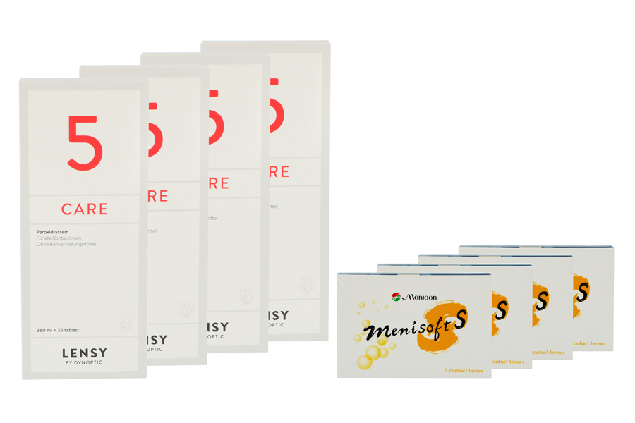 Sparpakete Kontaktlinsen mit Linsenmitteln Menisoft S 4 x 6 Zwei-Wochenlinsen + Lensy Care 5 Halbjahres-Sparpaket