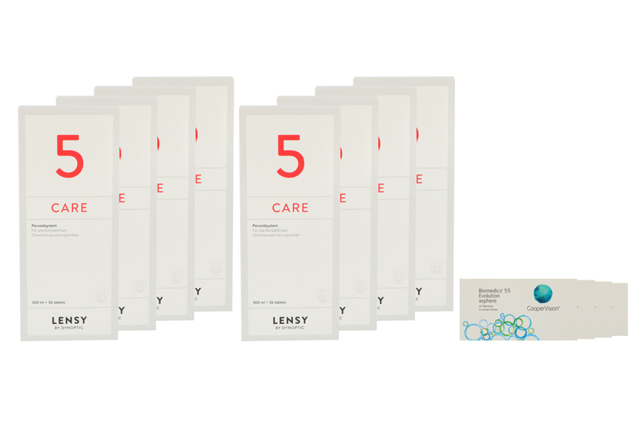 Sparpakete Kontaktlinsen mit Linsenmitteln Biomedics 55 4 x 6 Monatslinsen + Lensy Care 5 Jahres-Sparpaket