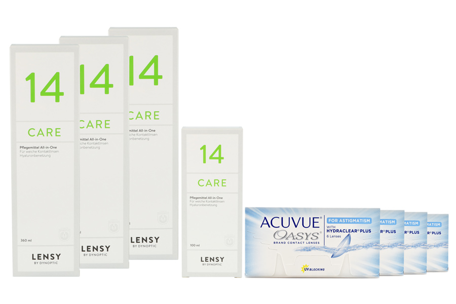 Sparpakete Kontaktlinsen mit Linsenmitteln Acuvue Oasys for Astigmatism 4 x 6 Zwei-Wochenlinsen + Lensy Care 14 Halbjahres-Sparpaket