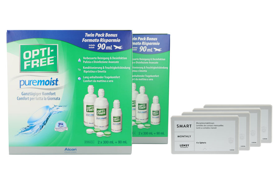 Sparpakete Kontaktlinsen mit Linsenmitteln Lensy Monthly Smart Spheric 4 x 6 Monatslinsen + Opti Free Pure Moist Jahres-Sparpaket