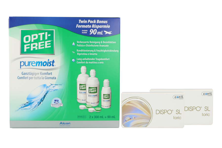 Sparpakete Kontaktlinsen mit Linsenmitteln Dispo SL Toric 2 x 6 Monatslinsen + Opti Free Pure Moist Halbjahres-Sparpaket