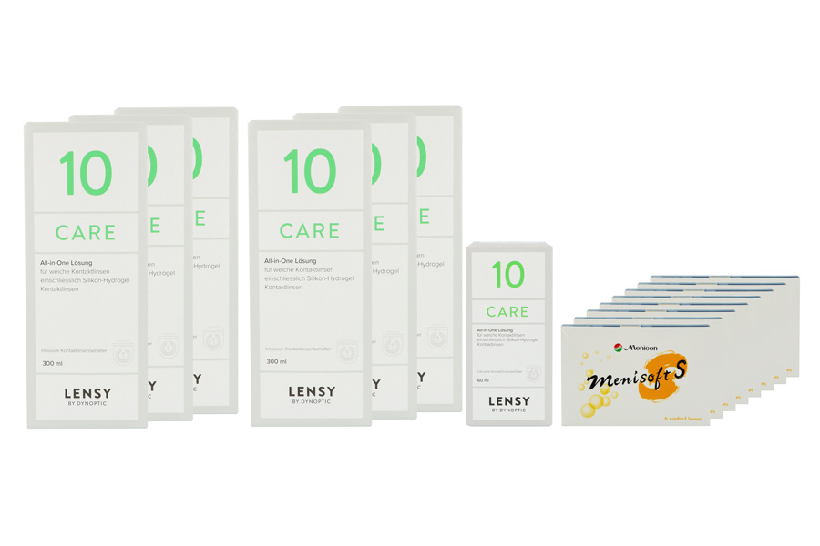 Sparpakete Kontaktlinsen mit Linsenmitteln Menisoft S 8 x 6 Zwei-Wochenlinsen + Lensy Care 10 Jahres-Sparpaket