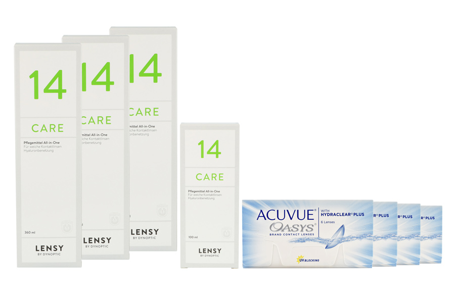 Sparpakete Kontaktlinsen mit Linsenmitteln Acuvue Oasys 4 x 6 Zwei-Wochenlinsen + Lensy Care 14 Halbjahres-Sparpaket