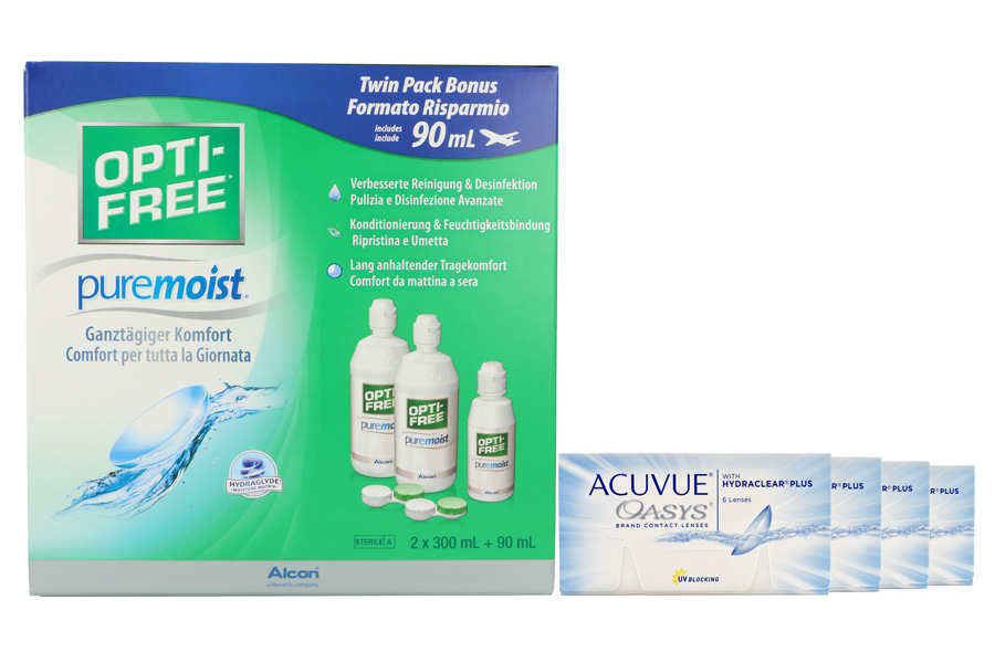 Sparpakete Kontaktlinsen mit Linsenmitteln Acuvue Oasys 4 x 6 Zwei-Wochenlinsen + Opti Free Pure Moist Halbjahres-Sparpaket