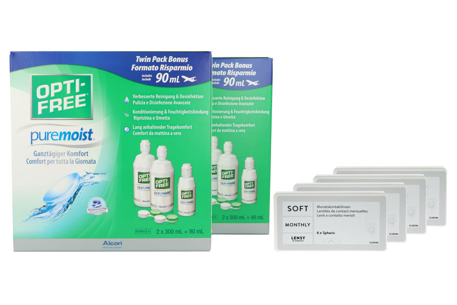 Sparpakete Kontaktlinsen mit Linsenmitteln Lensy Monthly Soft Spheric 4 x 6 Monatslinsen + Opti Free Pure Moist Jahres-Sparpaket