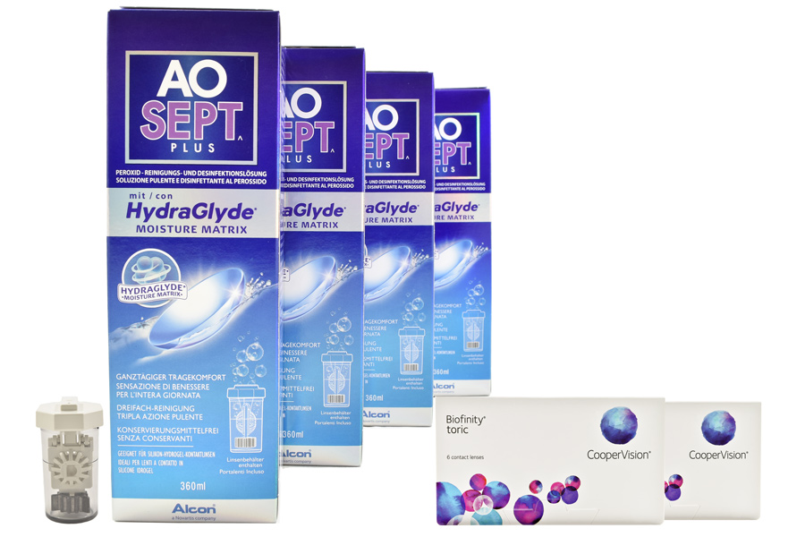 Sparpakete Kontaktlinsen mit Linsenmitteln Biofinity toric 2 x 6 Monatslinsen + AoSept Plus HydraGlyde Halbjahres-Sparpaket