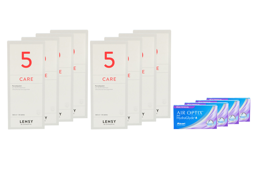 Sparpakete Kontaktlinsen mit Linsenmitteln Air Optix plus HydraGlyde Multifocal 4 x 6 Monatslinsen + Lensy Care 5 Jahres-Sparpaket