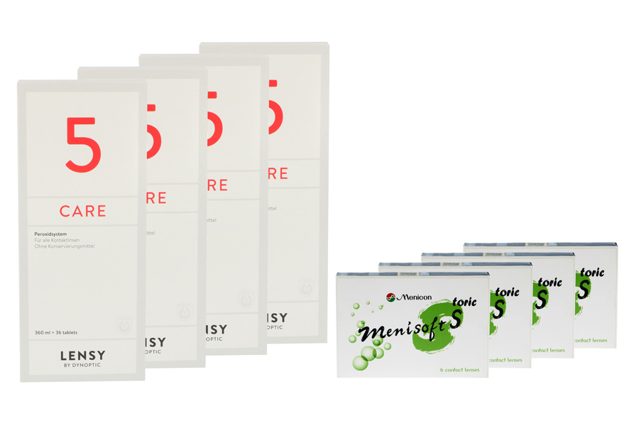 Sparpakete Kontaktlinsen mit Linsenmitteln Menisoft S toric 4 x 6 Zwei-Wochenlinsen + Lensy Care 5 Halbjahres-Sparpaket