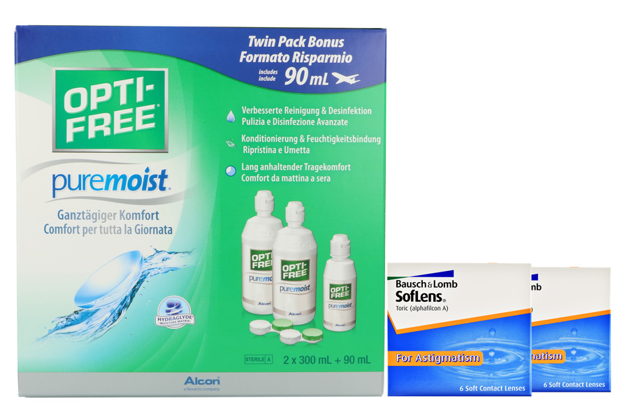 Sparpakete Kontaktlinsen mit Linsenmitteln SofLens 66 Toric 2 x 6 Monatslinsen + Opti Free Pure Moist Halbjahres-Sparpaket