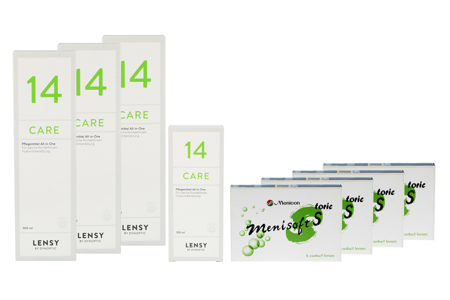 Sparpakete Kontaktlinsen mit Linsenmitteln Menisoft S toric 4 x 6 Zwei-Wochenlinsen + Lensy Care 14 Halbjahres-Sparpaket